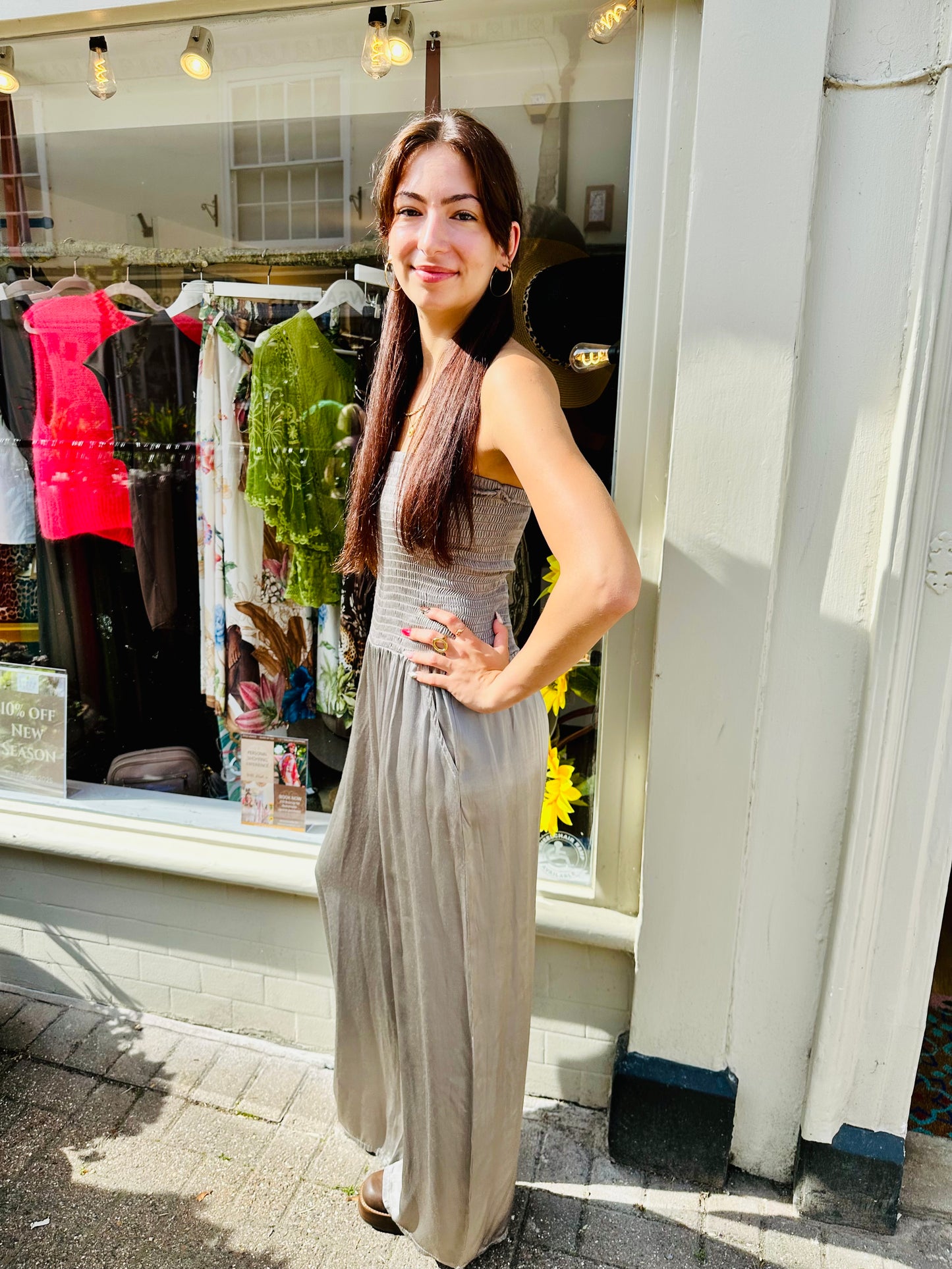 Shimmery Strapless Jumpsuit with Pockets