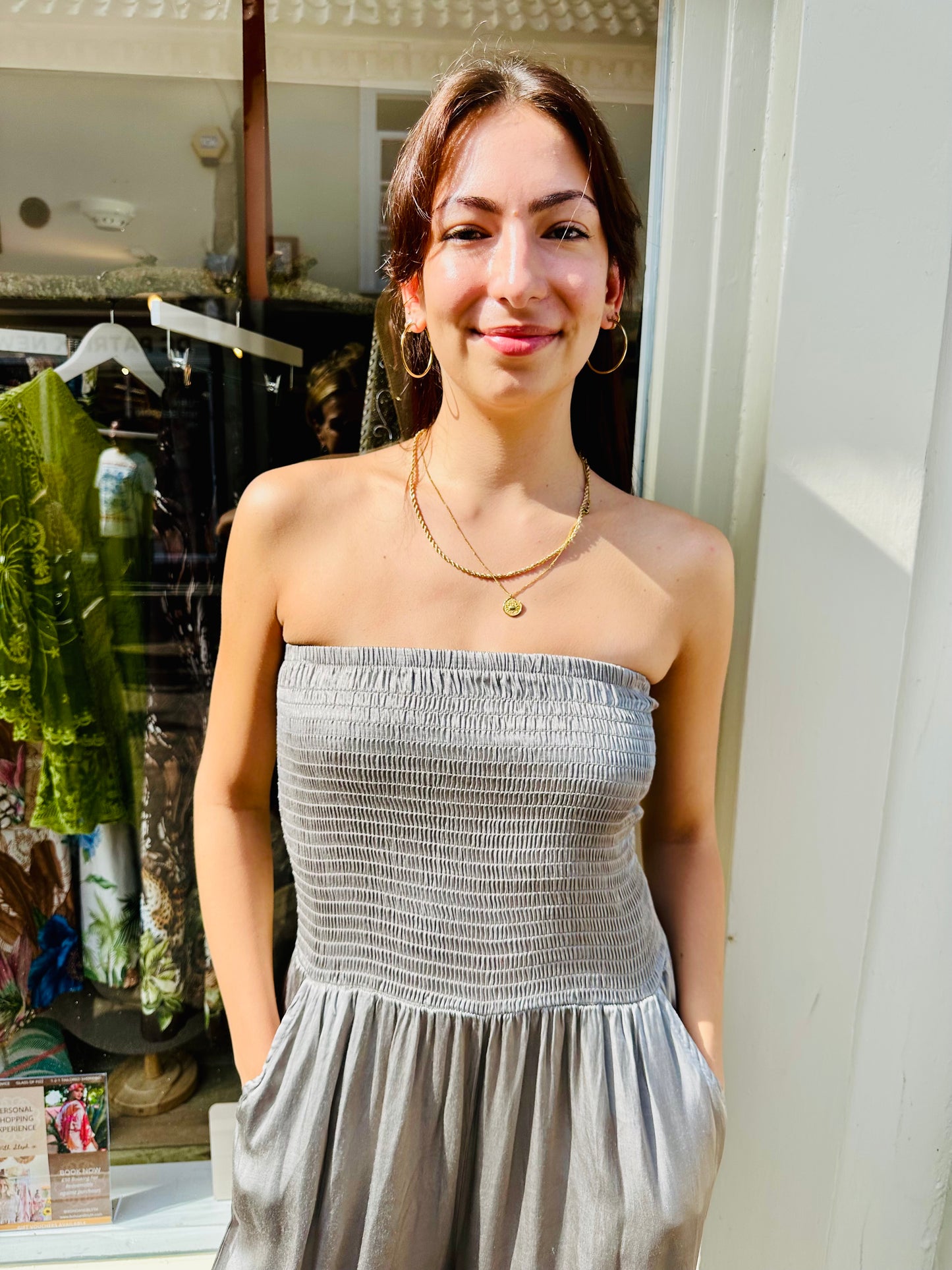 Shimmery Strapless Jumpsuit with Pockets