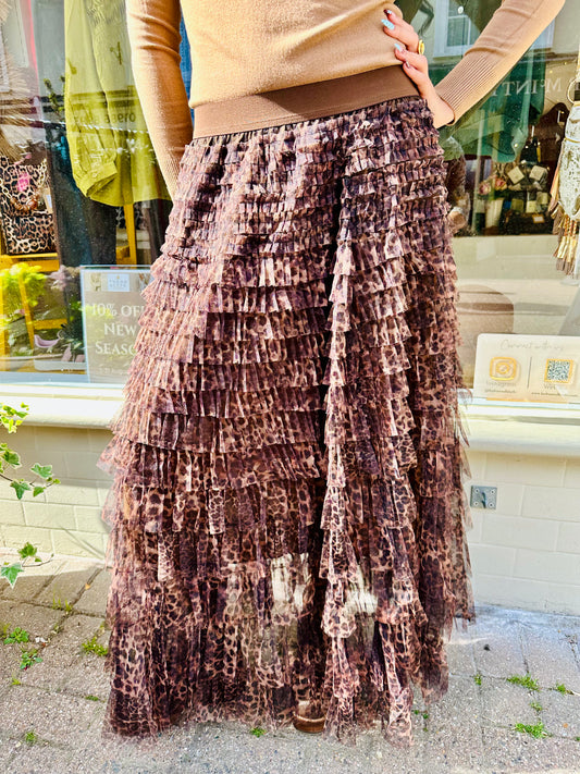 The Louisa Leopard Printed Tulle Tiered Maxi Skirt