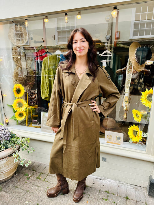 Stacey Suede Style Trench Coat- Khaki