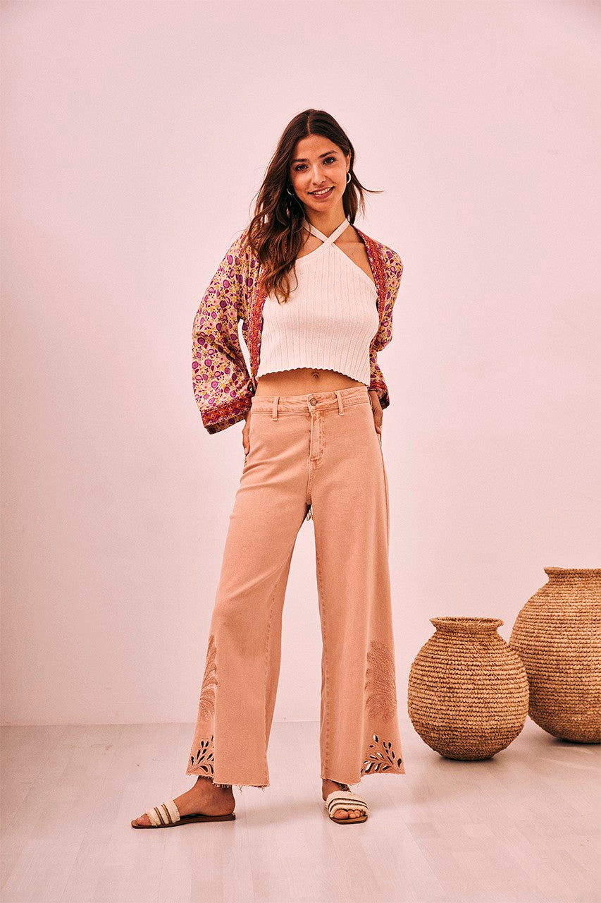 Nekane NKN Palm Embroidered Denim Jeans - Biscuit