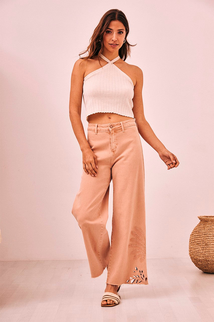 Nekane NKN Palm Embroidered Denim Jeans - Biscuit