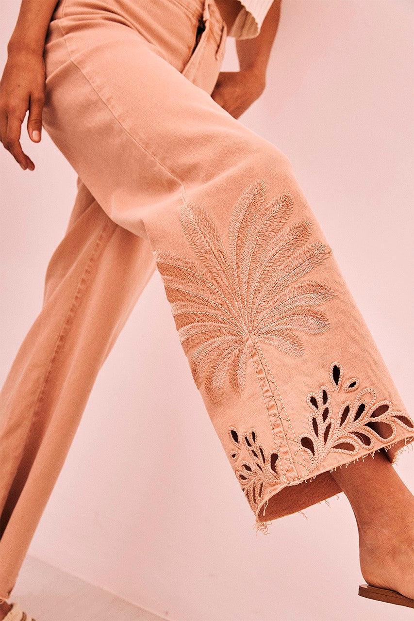 Nekane NKN Palm Embroidered Denim Jeans - Biscuit