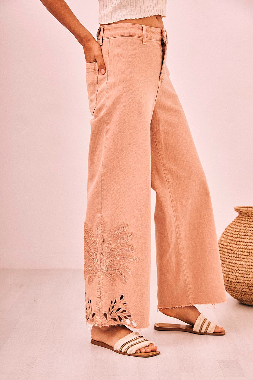 Nekane NKN Palm Embroidered Denim Jeans - Biscuit