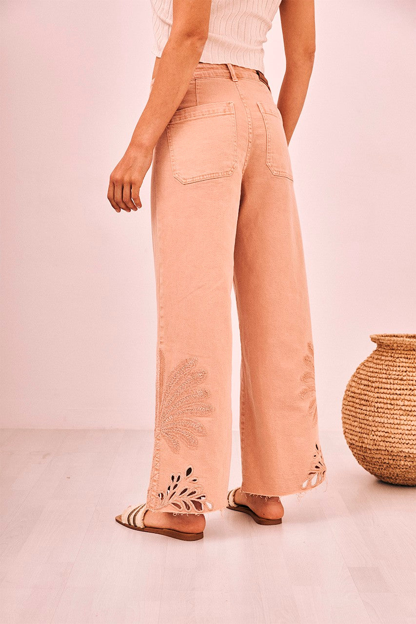 Nekane NKN Palm Embroidered Denim Jeans - Biscuit