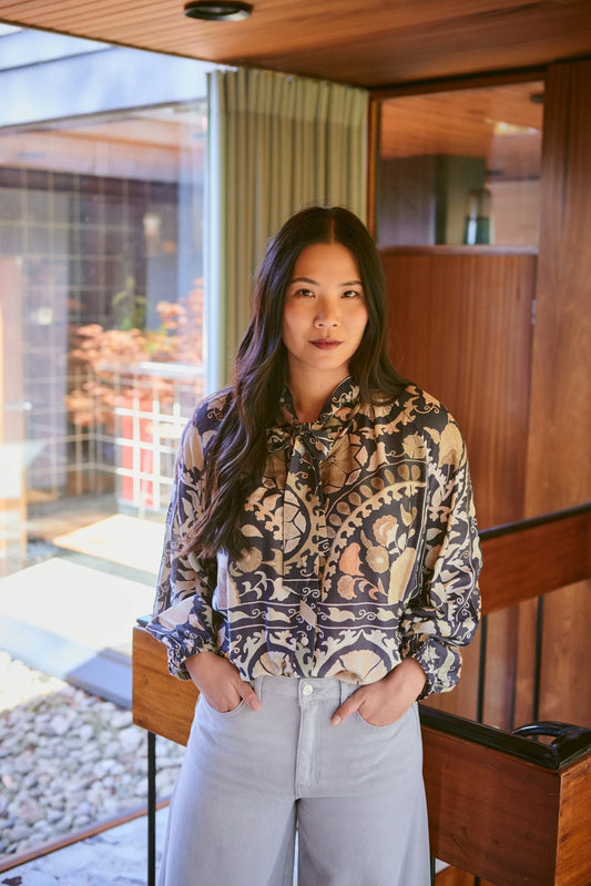 One Hundred stars- Susani Charcoal PussyBow Blouse