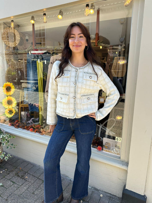 The Rhea Two Tone Cropped Jacket- Cream & Silver Check