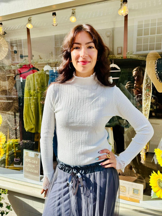 Frankie Funnel Neck Ribbed Lace Knit- White