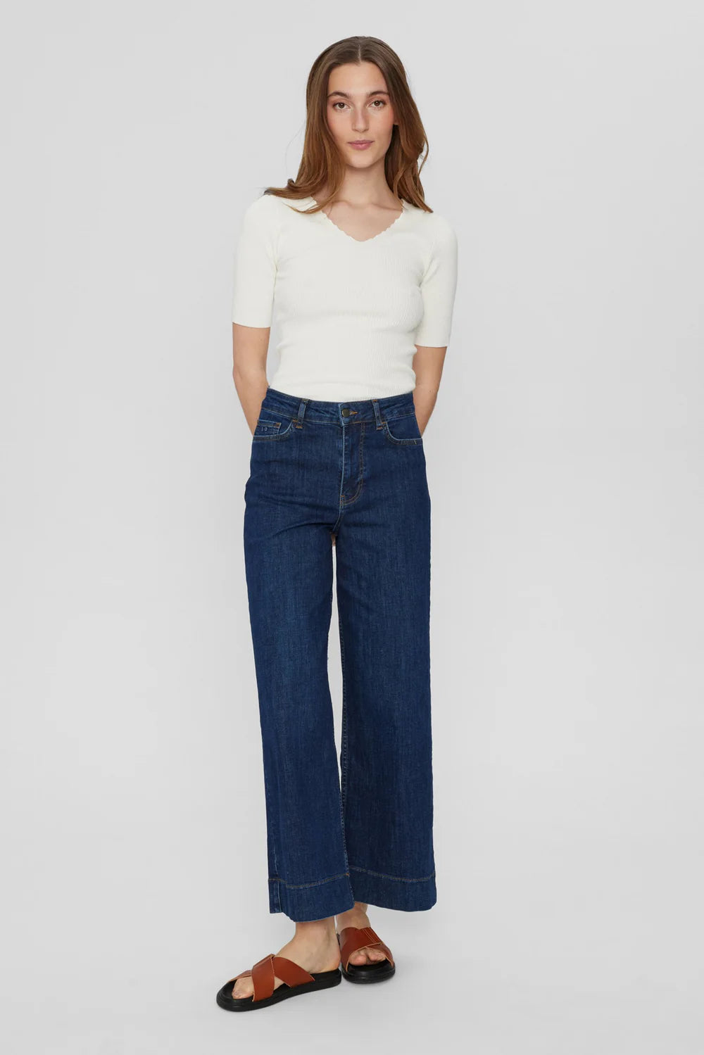 Numph Nuparis wide leg cropped jeans - dark blue denim