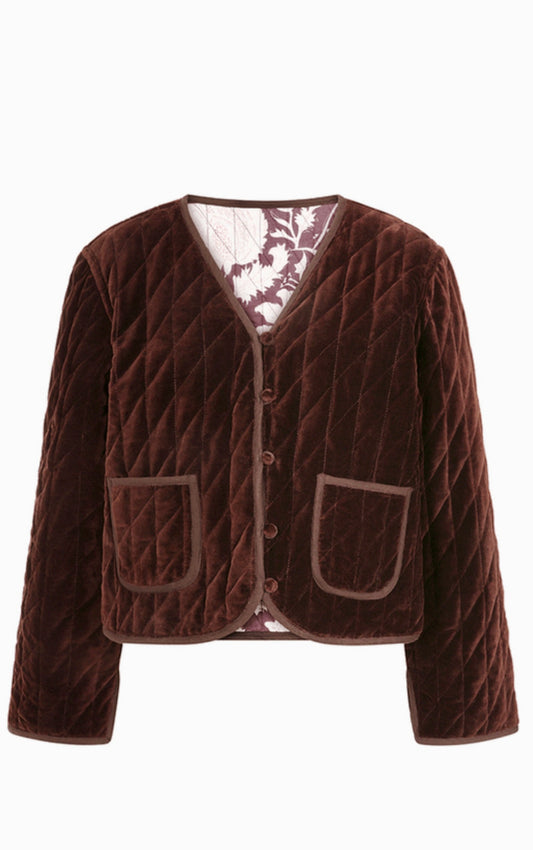 Quilted Velvet Jacket Reversible w/Printed Pattern Chocolate