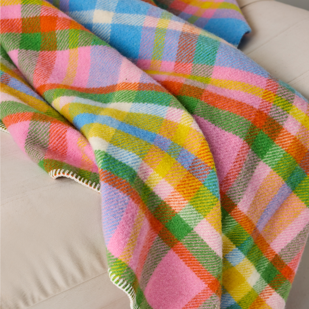 Rainbow Check Blanket Stitch Throw