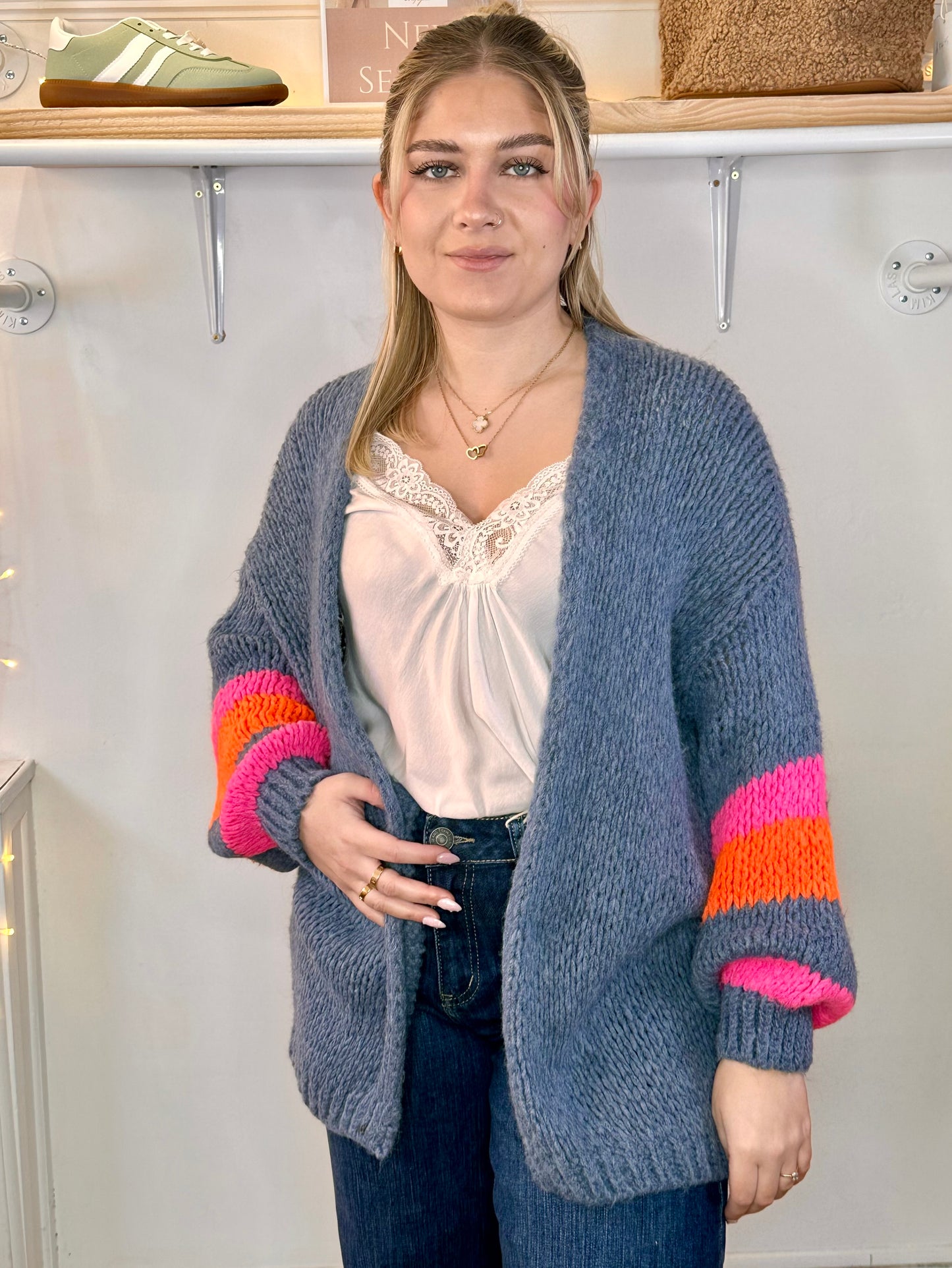 Diva Denim blue chunky cardigan with neon stripe detail to sleeve