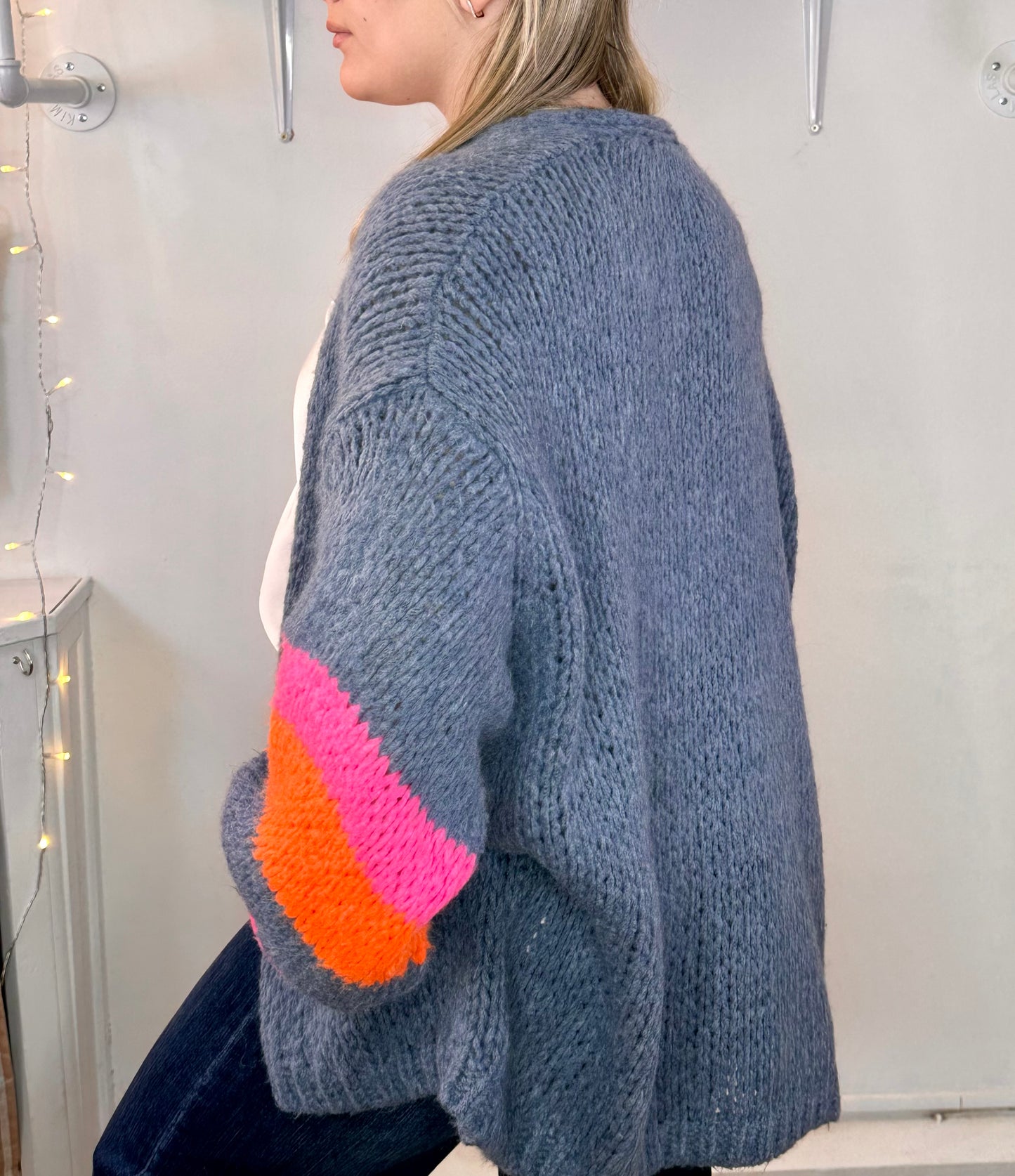 Diva Denim blue chunky cardigan with neon stripe detail to sleeve
