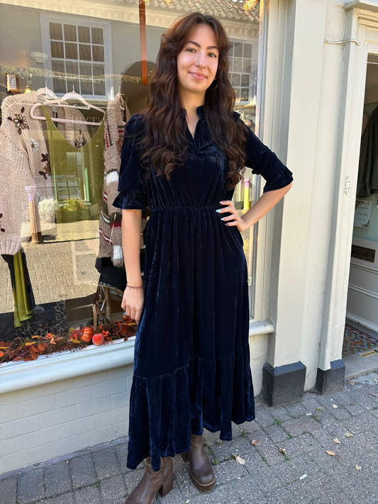Lara Velvet Style Midi Dress- Midnight Blue