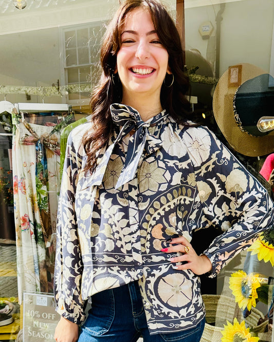 One Hundred stars-Susani Charcoal PussyBow Blouse