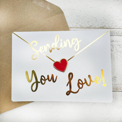 Sending You Love postcard style card with heart pin