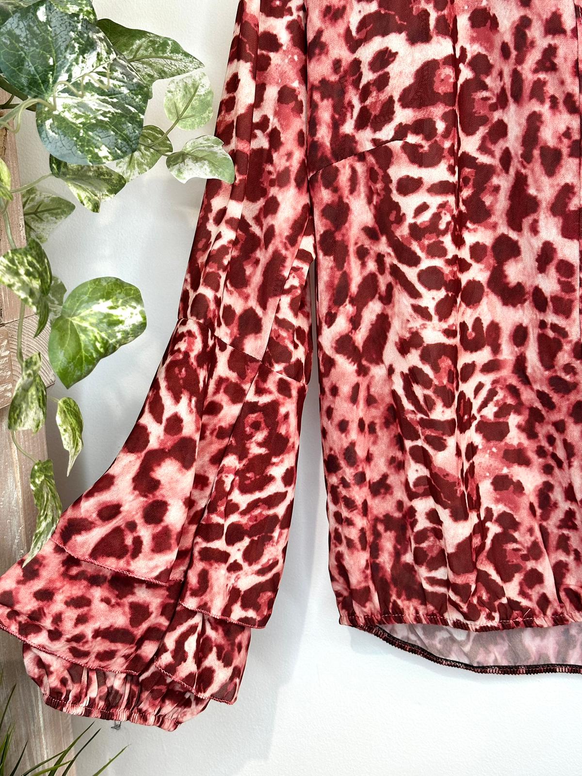 Leticia Leopard Sheer Blouse Red Wine