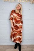 Pleated Swirl 3/4 Sleeve Dress - Rust