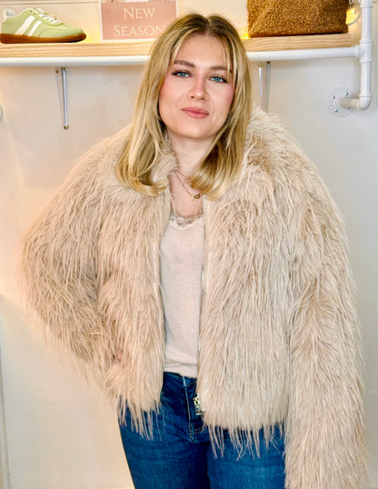 Lulu Natural Stone Retro zip front Faux Fur Jacket