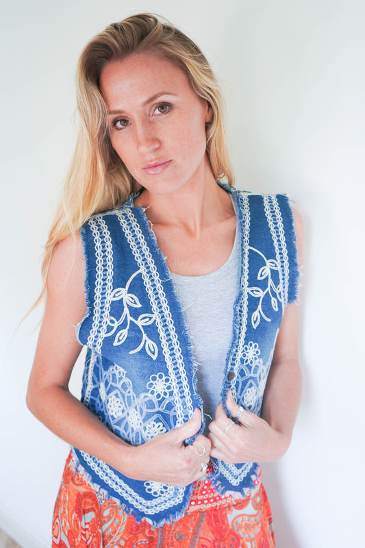 Boho denim embroidered waistcoat