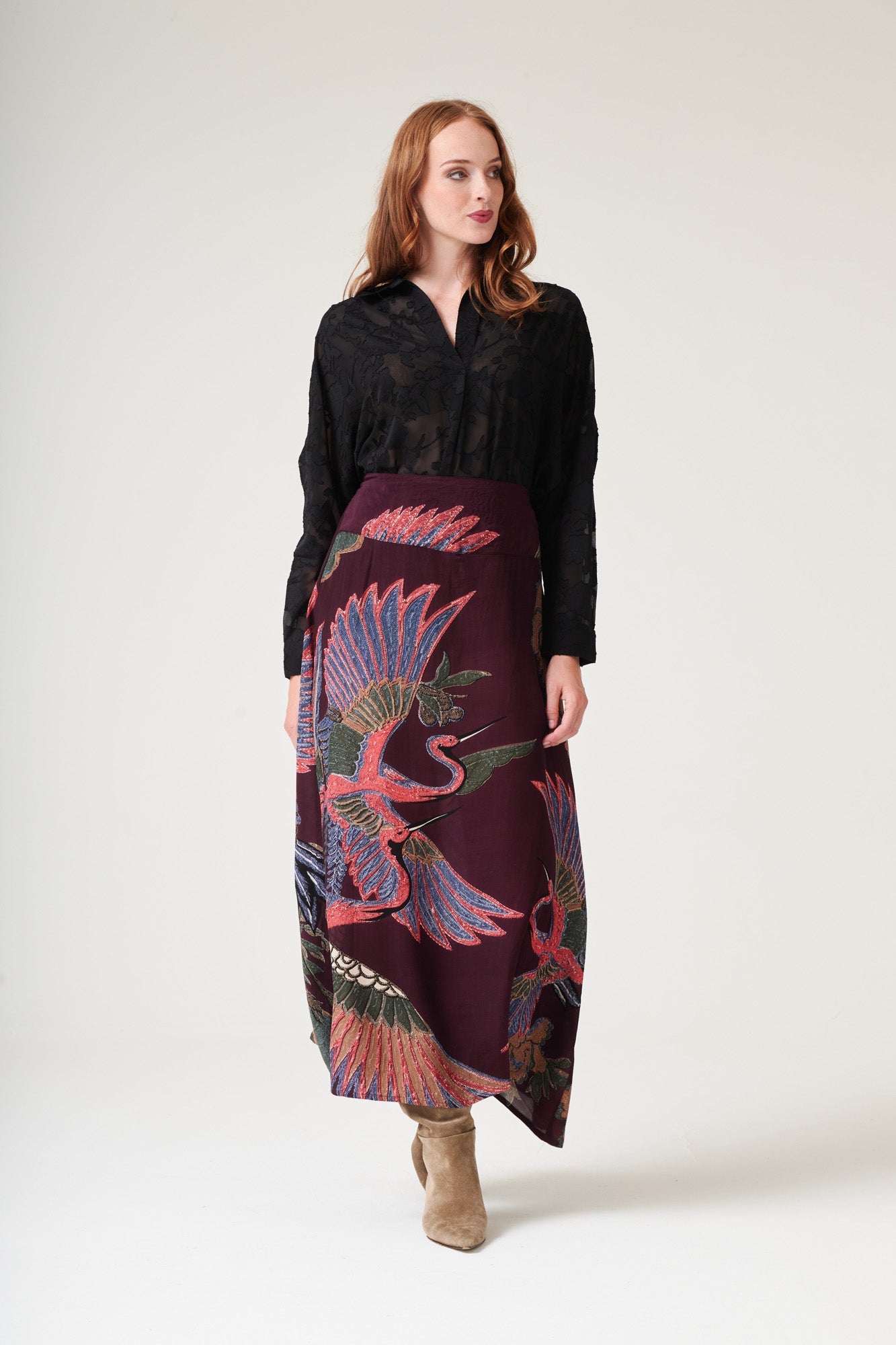 Crane Plum Crepe A-line Maxi Skirt