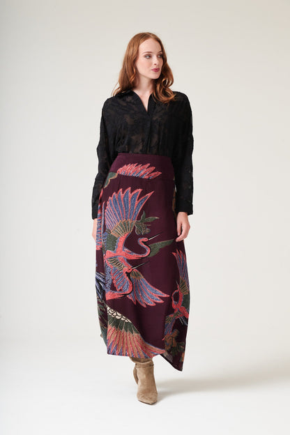 Crane Plum Crepe A-line Maxi Skirt