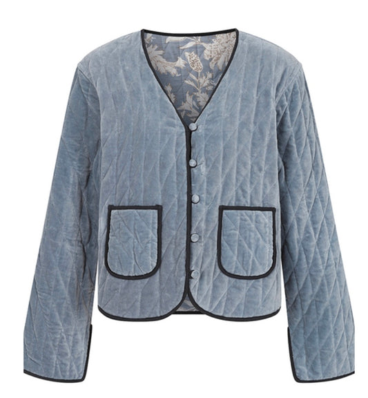 Quilted Velvet Jacket Reversible w/Printed Pattern Ice Blue