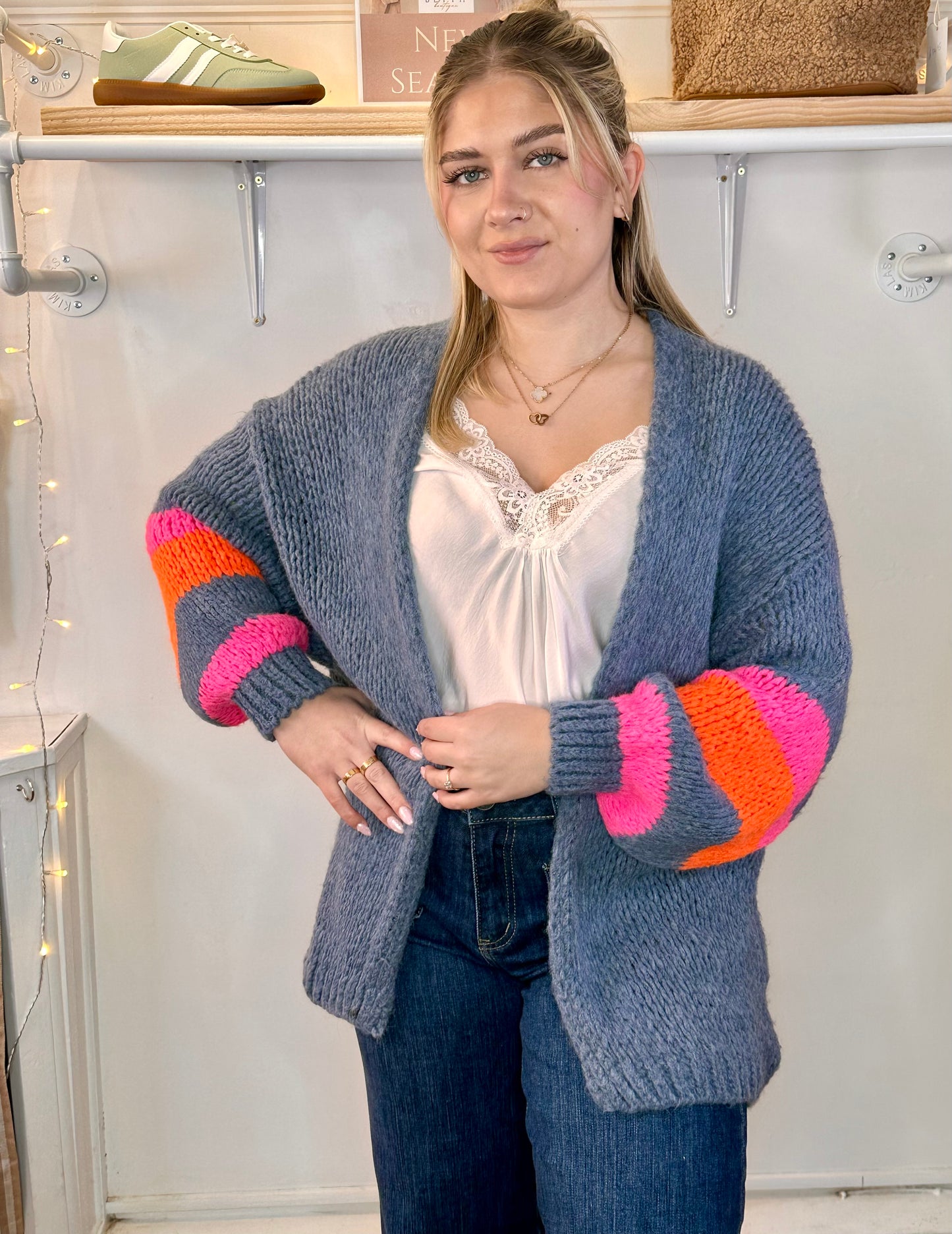 Diva Denim blue chunky cardigan with neon stripe detail to sleeve