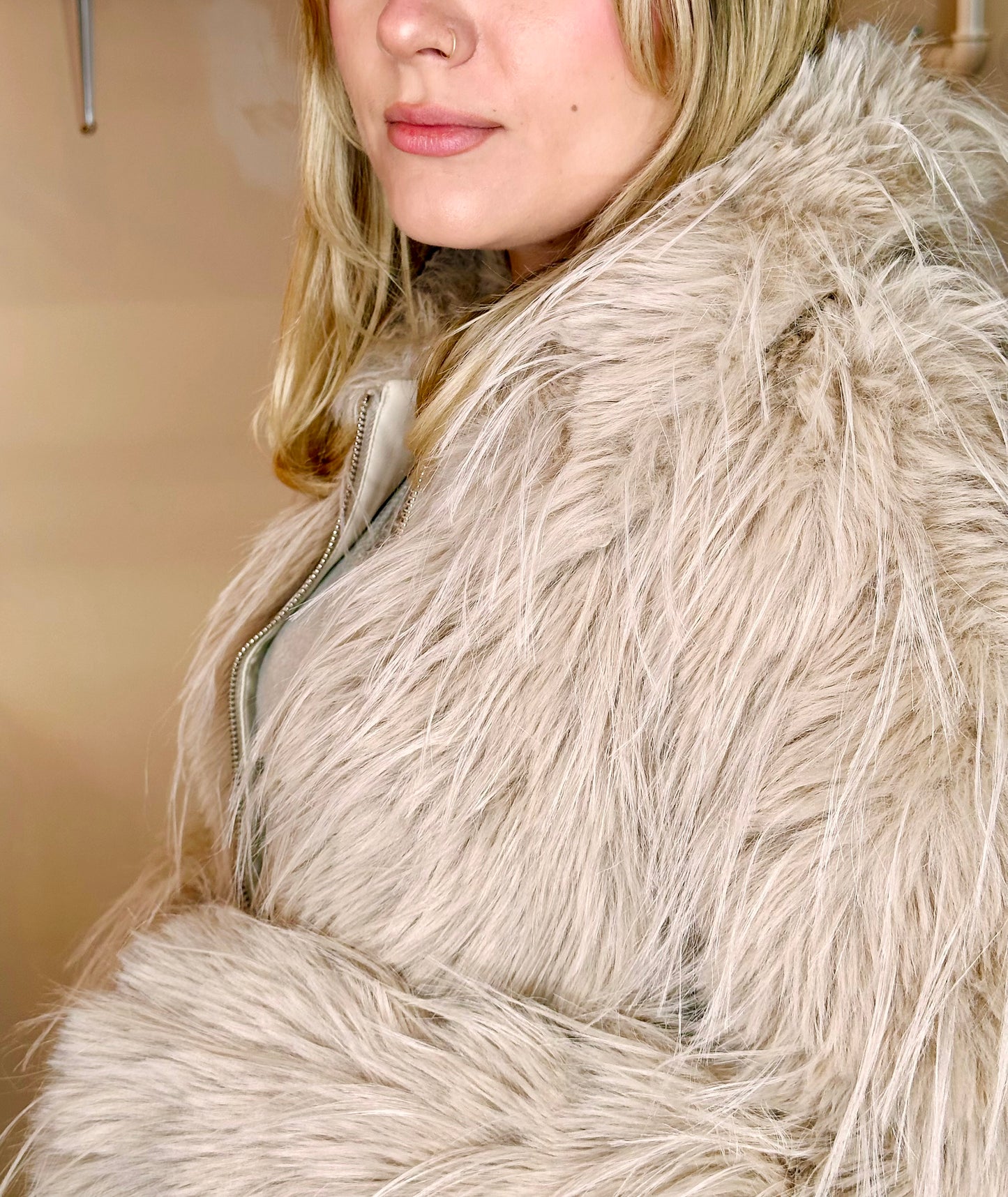 Lulu Natural Stone Retro zip front Faux Fur Jacket