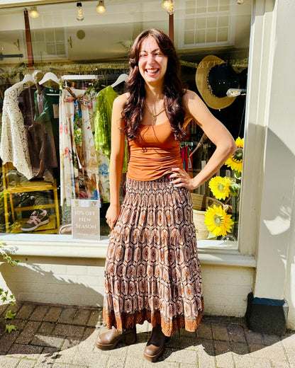 Lucy Shirred Printed Boho Maxi Skirt - Burgundy