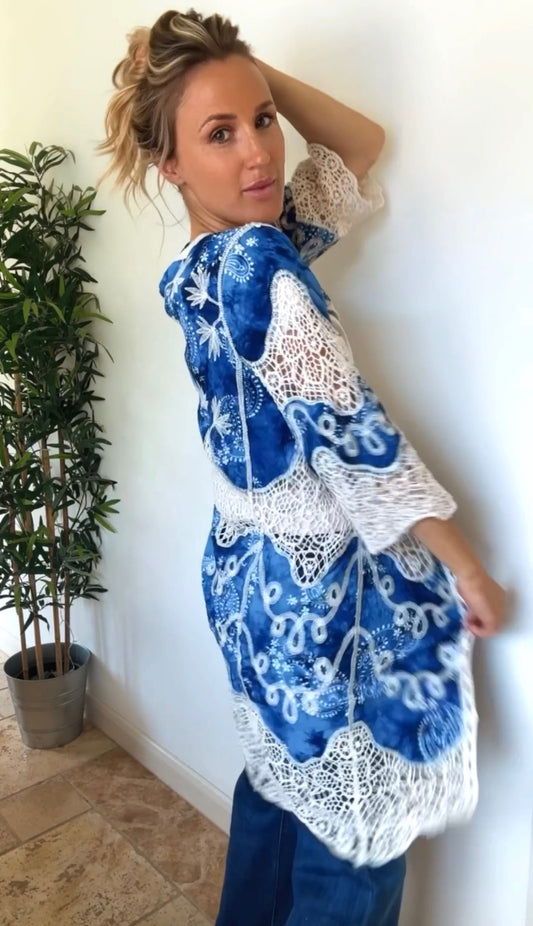 Boho Blue Crochet Detail Kimono