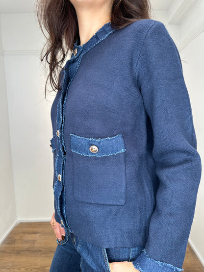 French style knit jacket with denim trim