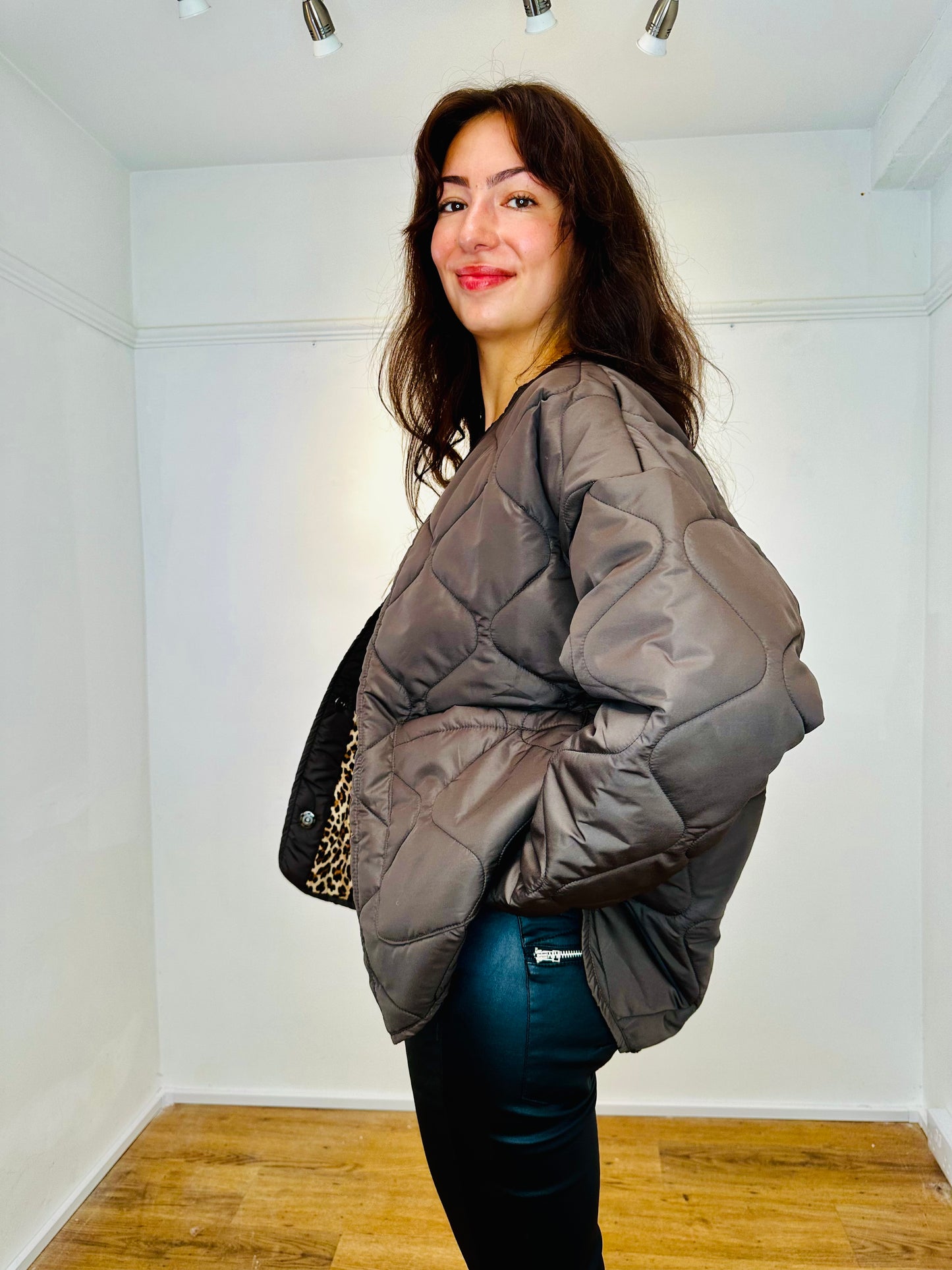 Romano Reversible Chocolate/Leopard print quilted jacket