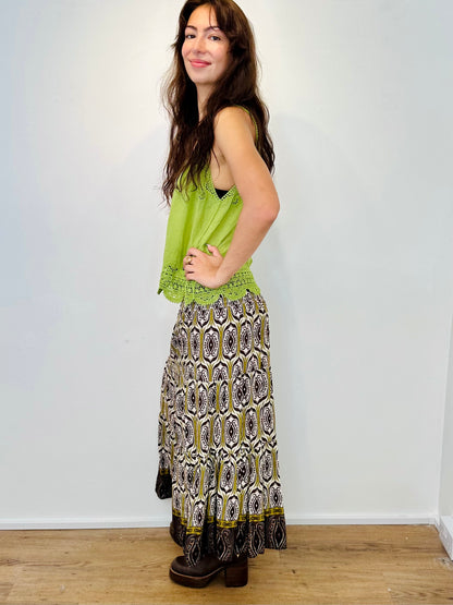 Lucy Shirred Printed Boho Maxi Skirt - Burgundy