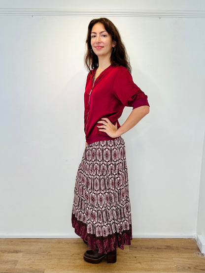 Lucy Shirred Printed Boho Maxi Skirt - Burgundy