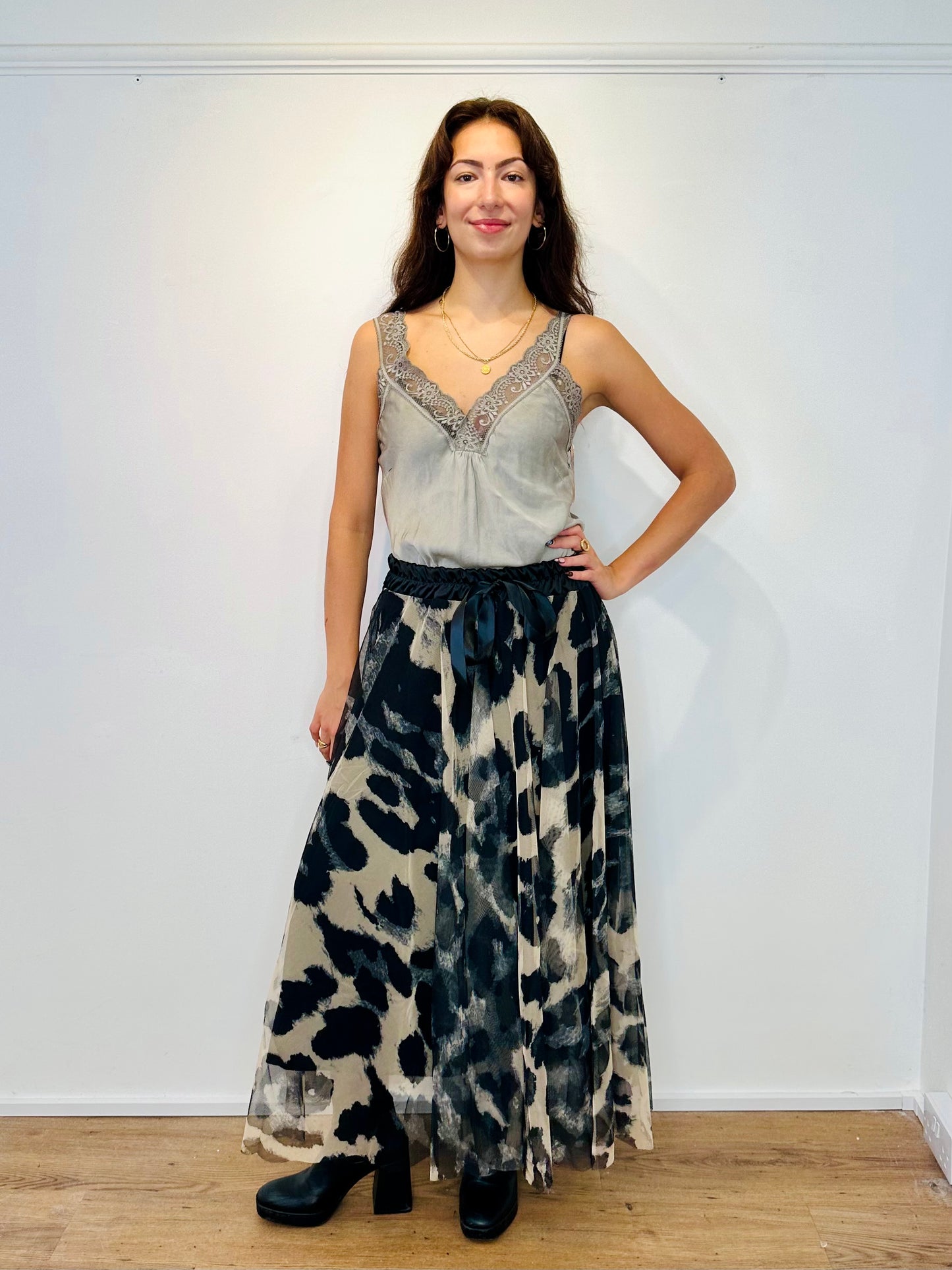 Taupe and Black Leopard print Mesh Tulle Maxi skirt