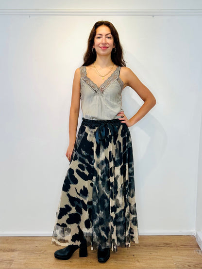 Taupe and Black Leopard print Mesh Tulle Maxi skirt