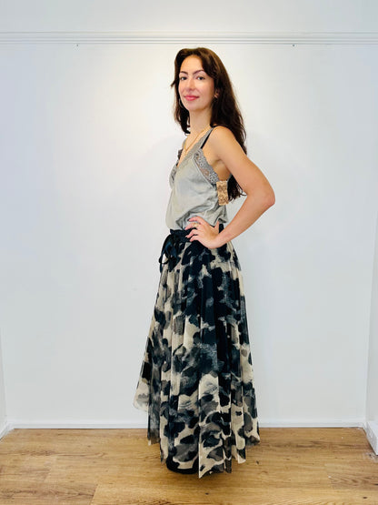 Taupe and Black Leopard print Mesh Tulle Maxi skirt