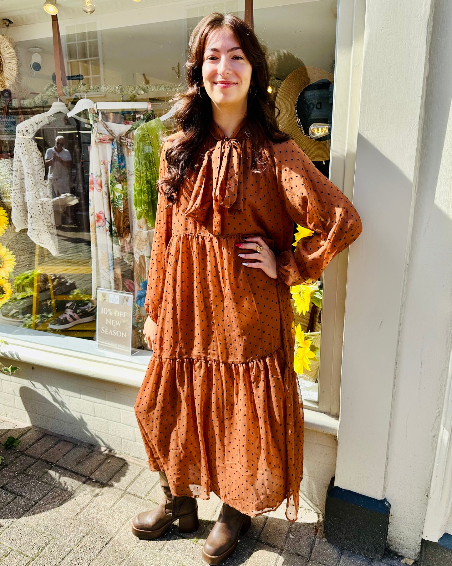 Spot the Trend - cinnamon polka dot Pussybow Maxi Dress