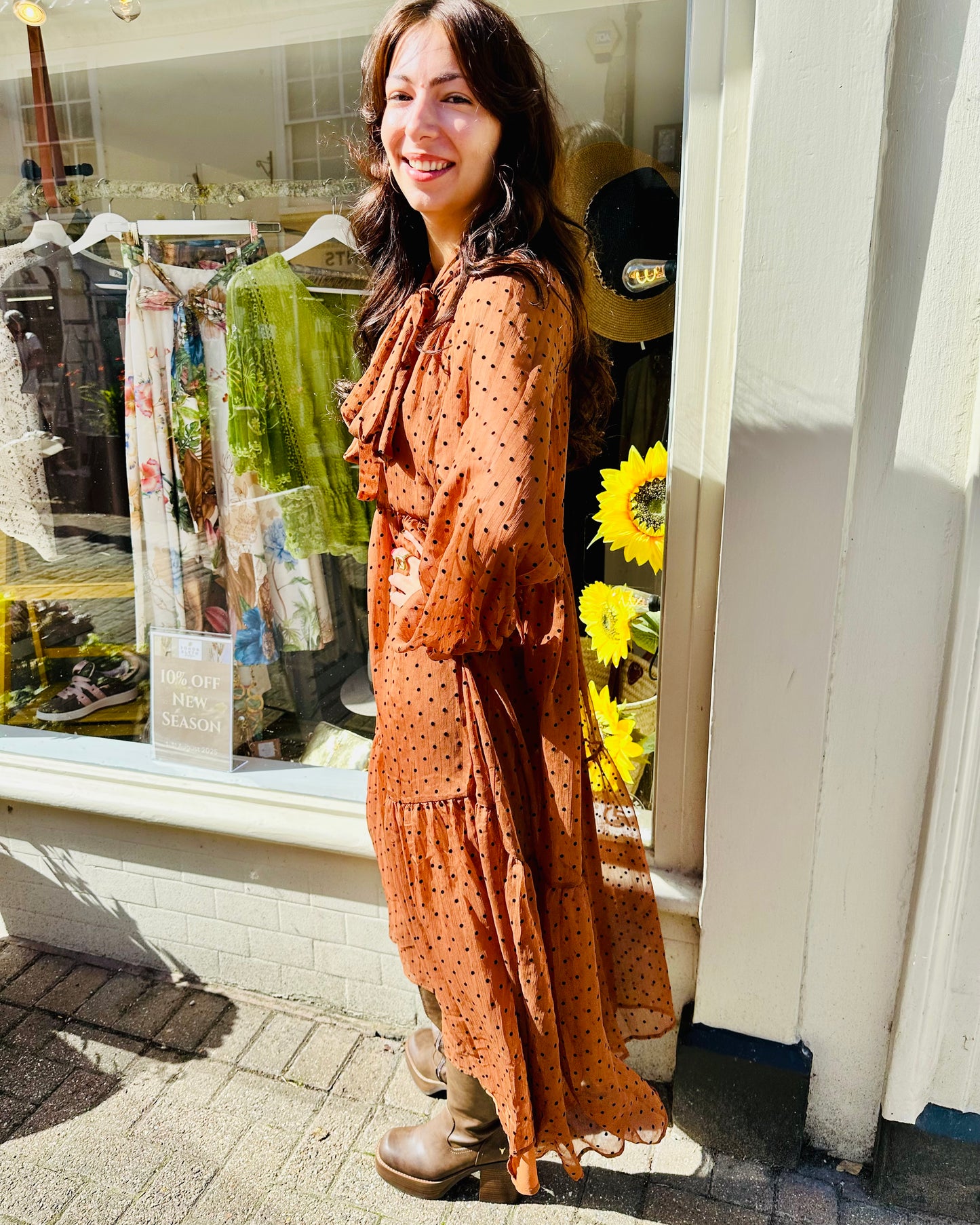 Spot the Trend - cinnamon polka dot Pussybow Maxi Dress