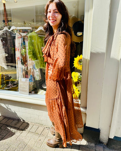 Spot the Trend - cinnamon polka dot Pussybow Maxi Dress