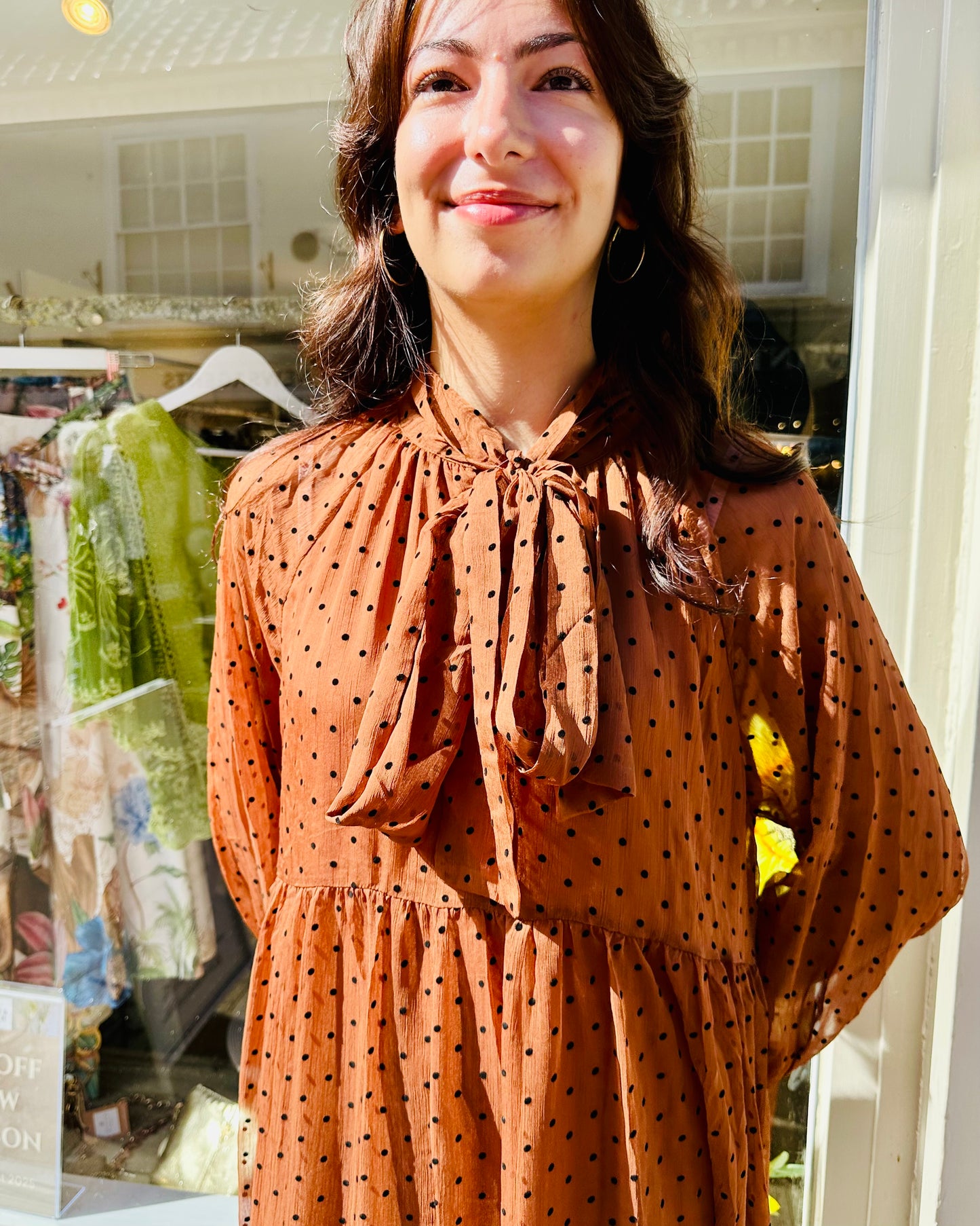Spot the Trend - cinnamon polka dot Pussybow Maxi Dress