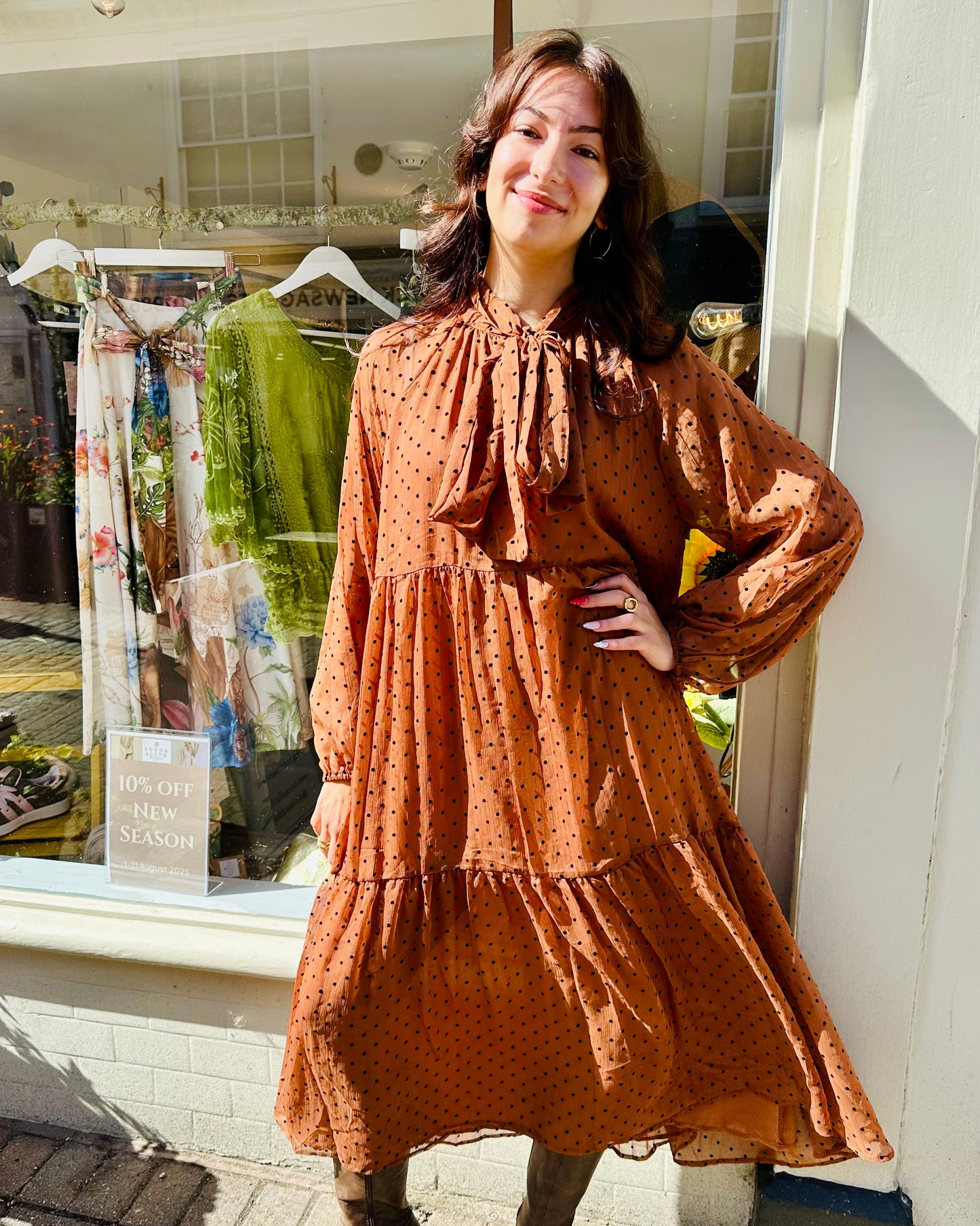 Spot the Trend - cinnamon polka dot Pussybow Maxi Dress