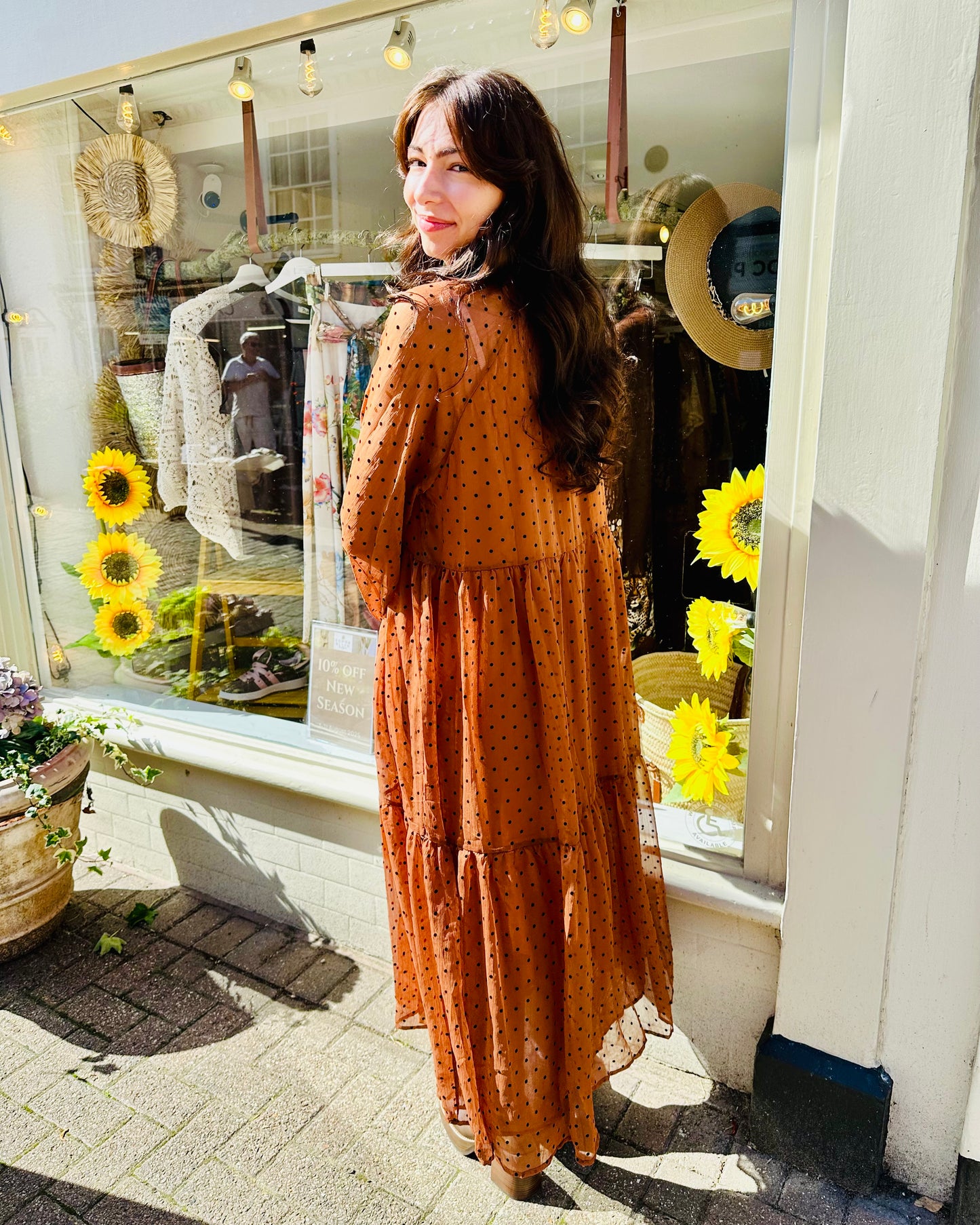 Spot the Trend - cinnamon polka dot Pussybow Maxi Dress