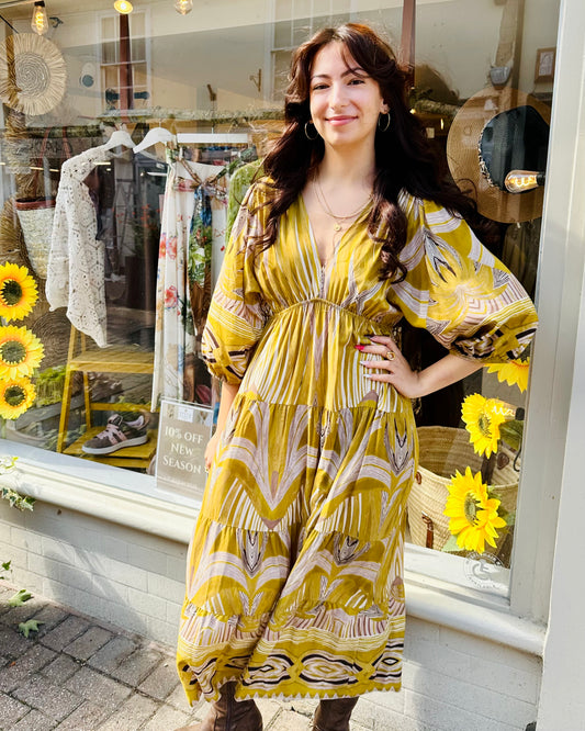 Tamara Tribal Printed 3/4 Sleeve Midi dress