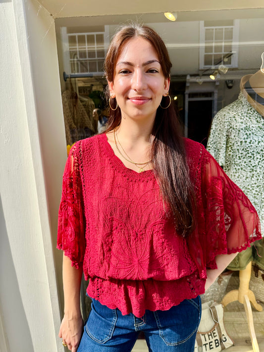 Bessie Butterfly Lace sleeve top - Bestseller - Wine