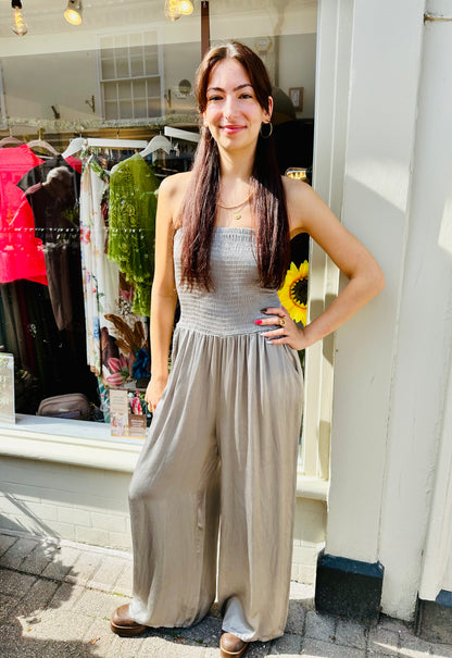 Shimmery Strapless Jumpsuit with Pockets