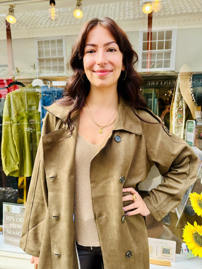 Stacey Suede Style Trench Coat- Khaki