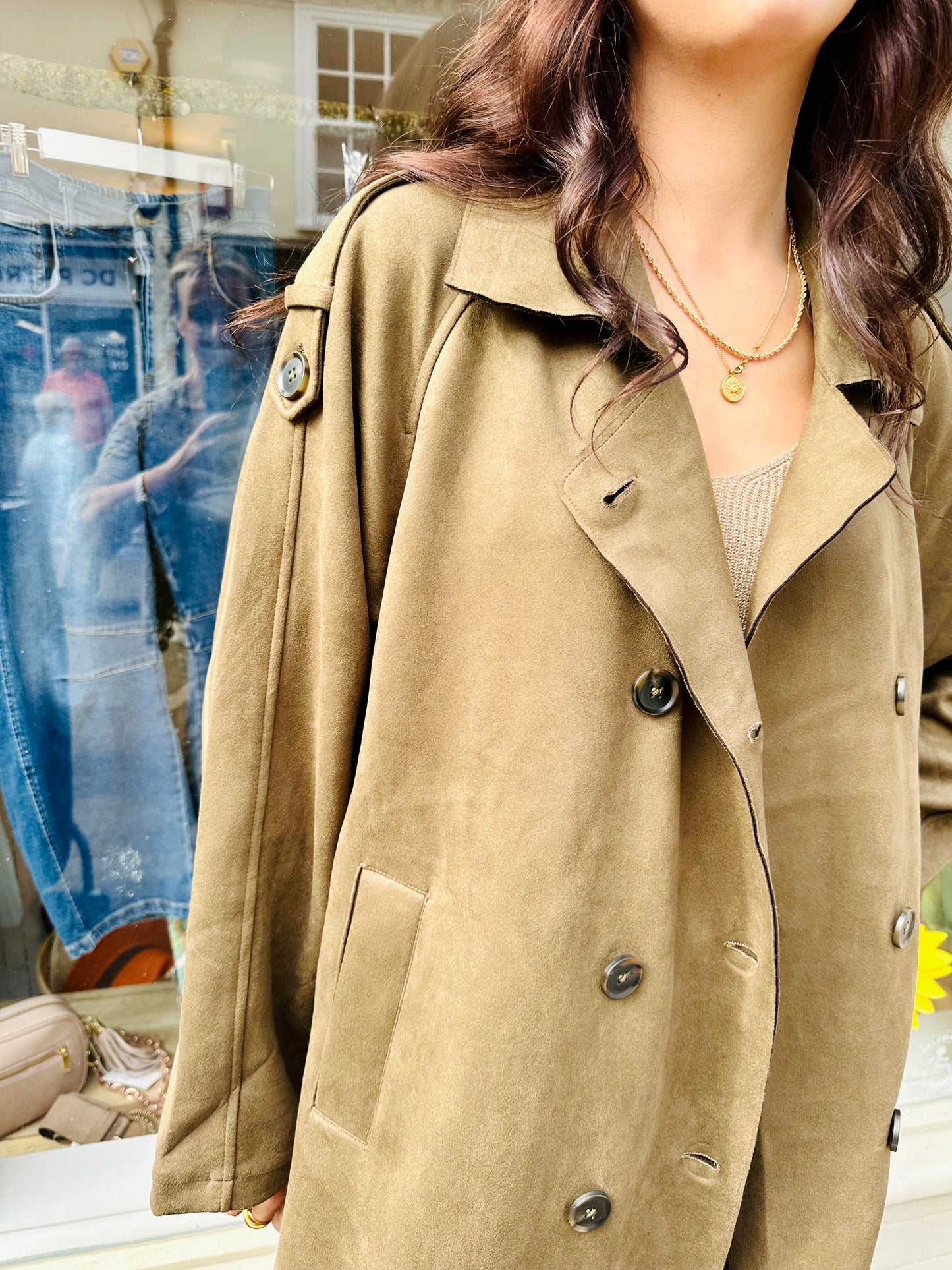 Stacey Suede Style Trench Coat- Khaki