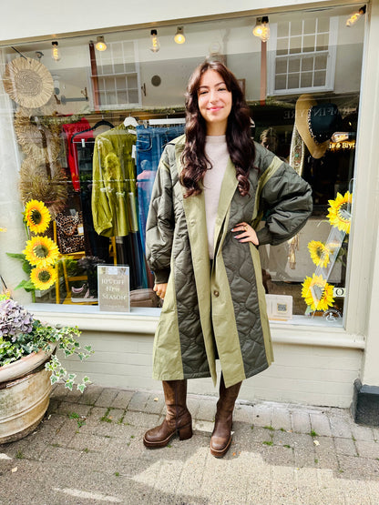 Kacey Two Tone Quilted Trench Coat- Khaki